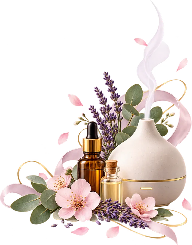 Ilustração de um difusor de aromas com vapor, frascos de óleo essencial, lavanda, eucalipto e flores de cerejeira