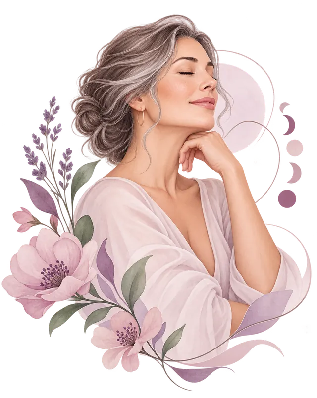 Ilustração em aquarela de uma mulher madura de cabelos grisalhos, de olhos fechados, cercada por lavanda, flores e fases da lua